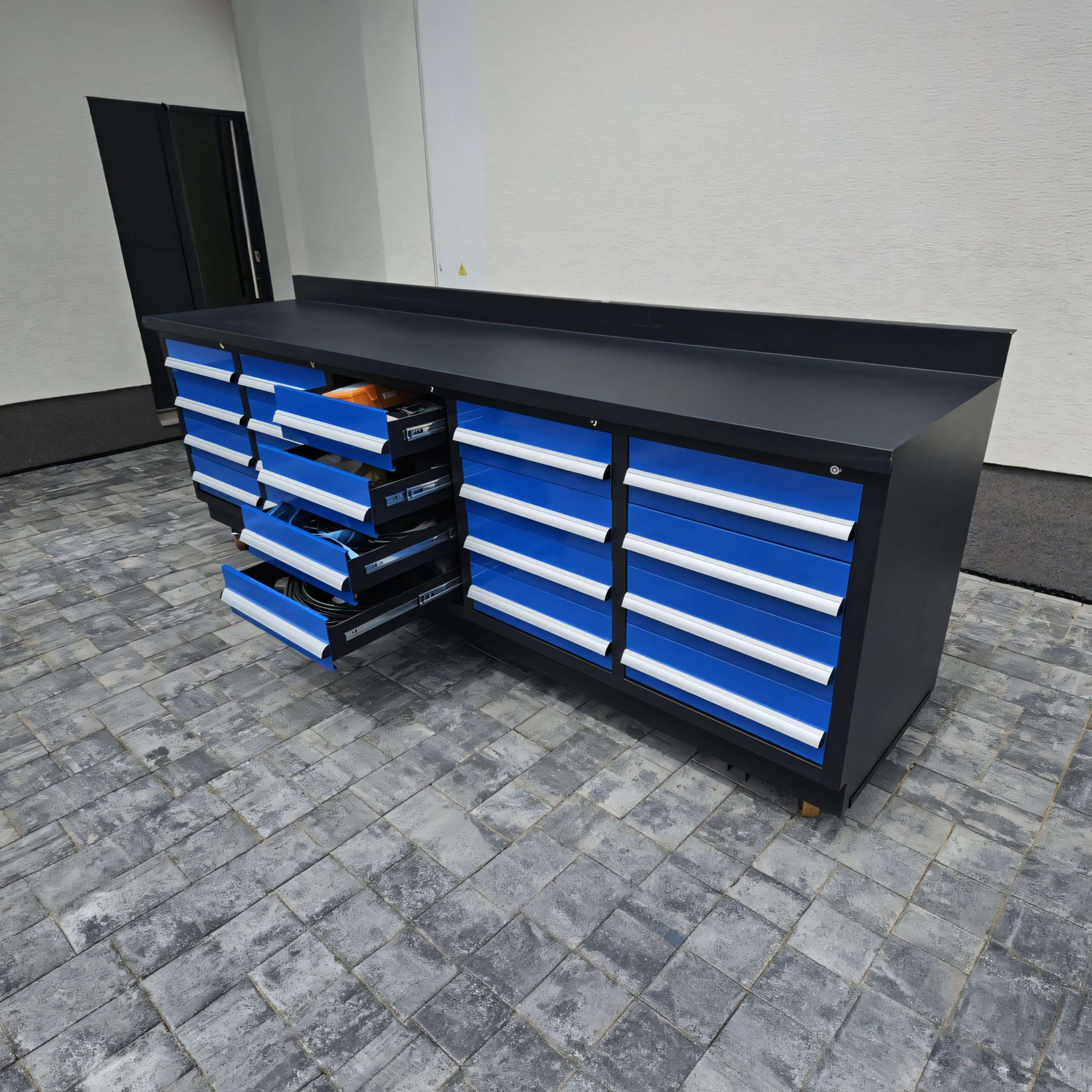 Profi Werkbank 285 cm mit 20 Schubladen – Blau